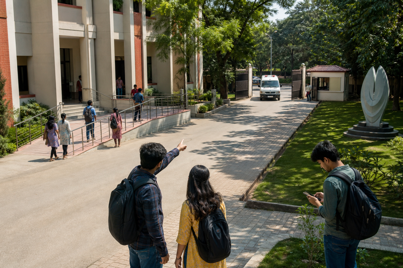 Students identify an accessible emergency route between campus buildings and an ambulance pickup area.