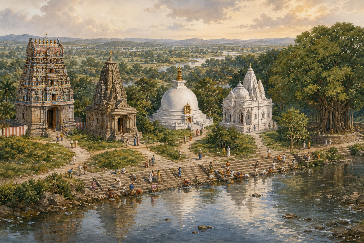 A temple gateway, stone sanctuary, Buddhist stupa, white marble shrine, and sacred grove occupy separate places along one river connected by footpaths.