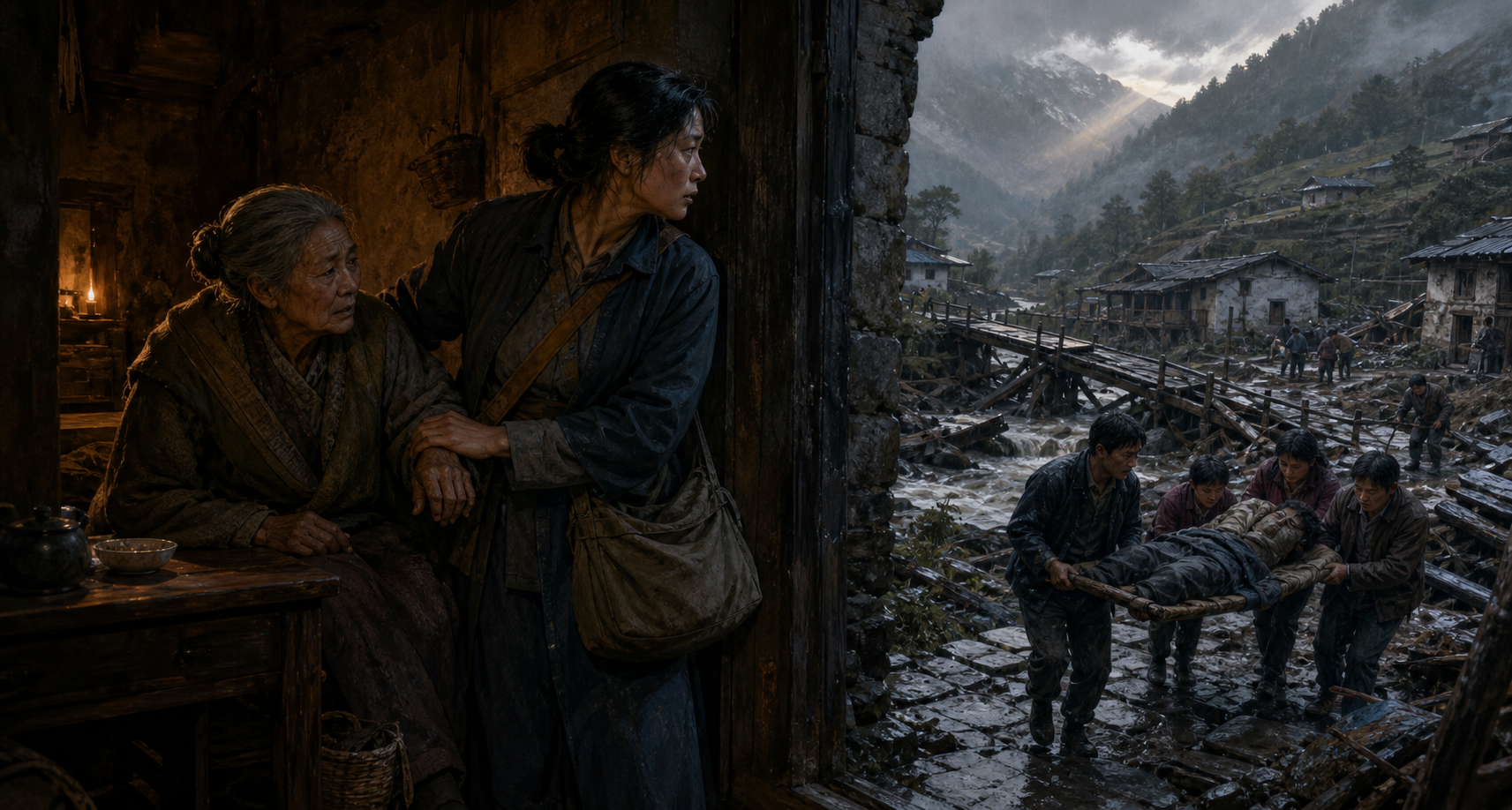 A village medic supports an older relative in a doorway while neighbors carry an injured person beside a storm-damaged bridge.