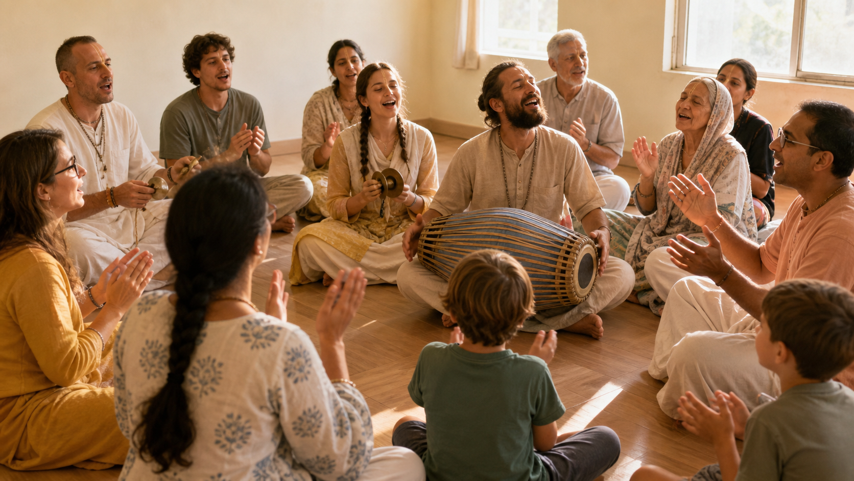 An intergenerational group sings, claps, and plays drum and hand cymbals together in a circle during kirtan.