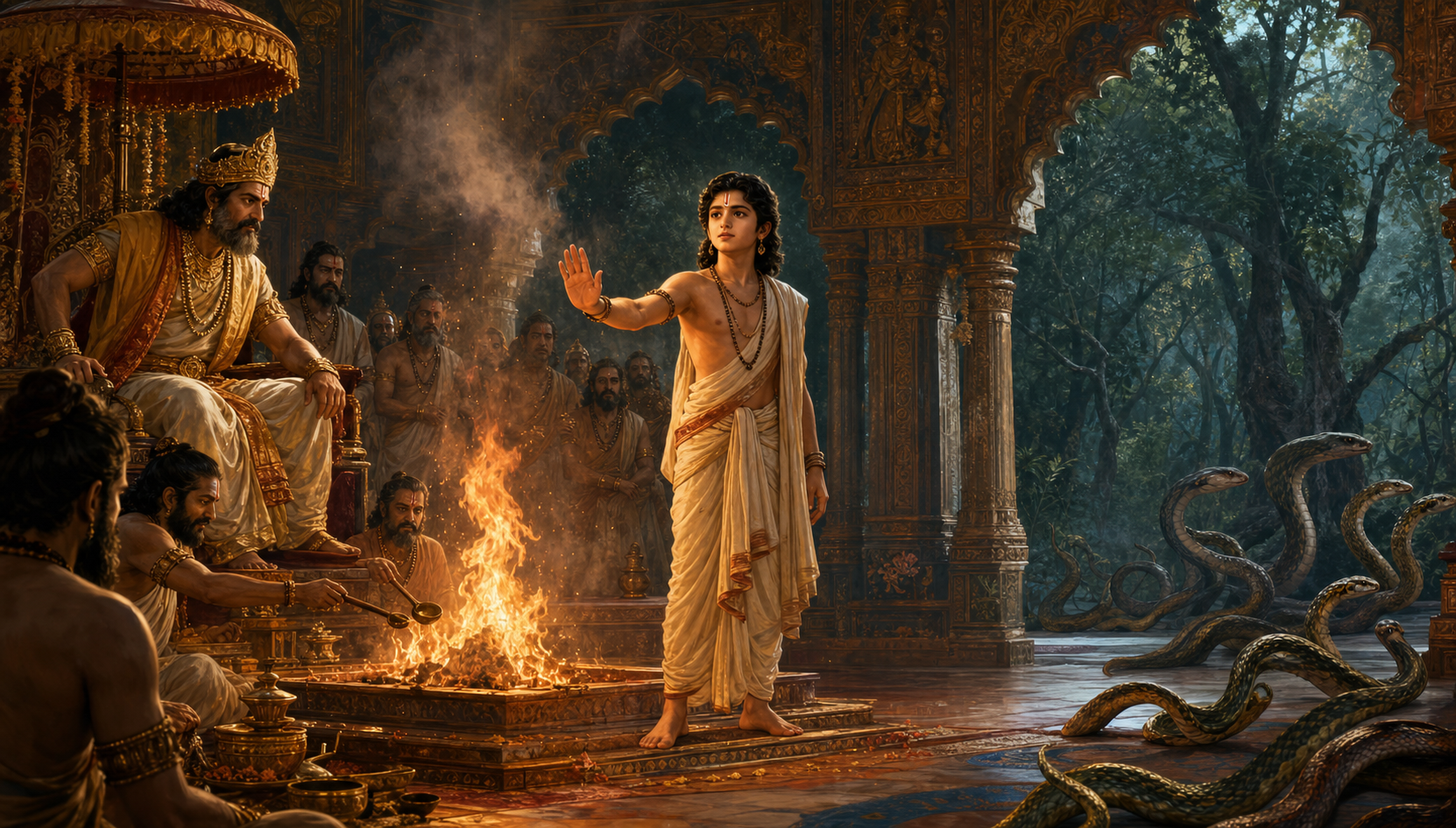 The young sage Astika raises his palm before King Janamejaya as priests pause around a ritual fire and serpents move away toward the forest.