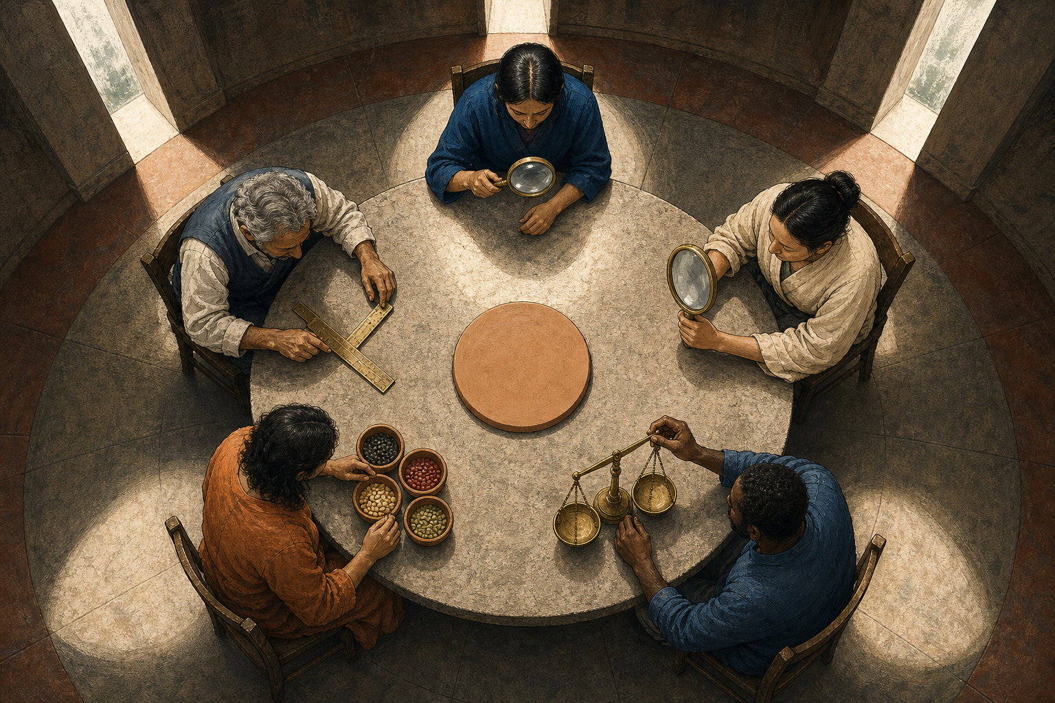 Five people seated around a circular table examine an unmarked clay medallion with a lens, mirror, balance, seeds, and measuring tool.