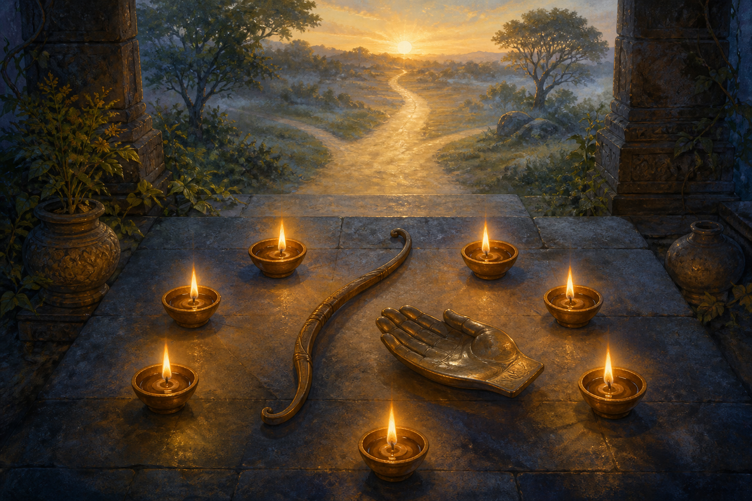 Seven lit oil lamps curve around an unstrung bow and an empty bronze offering dish at the threshold of a forest hermitage.