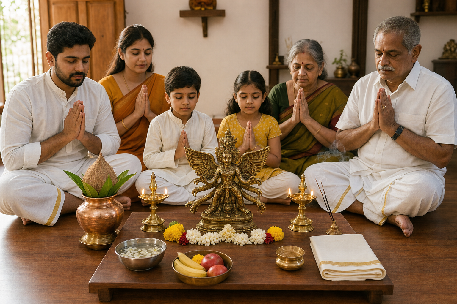 A multigenerational family performs a simple home puja before a small brass Lord Sharabha murti with lamps, flowers, fruit and a kalasha.