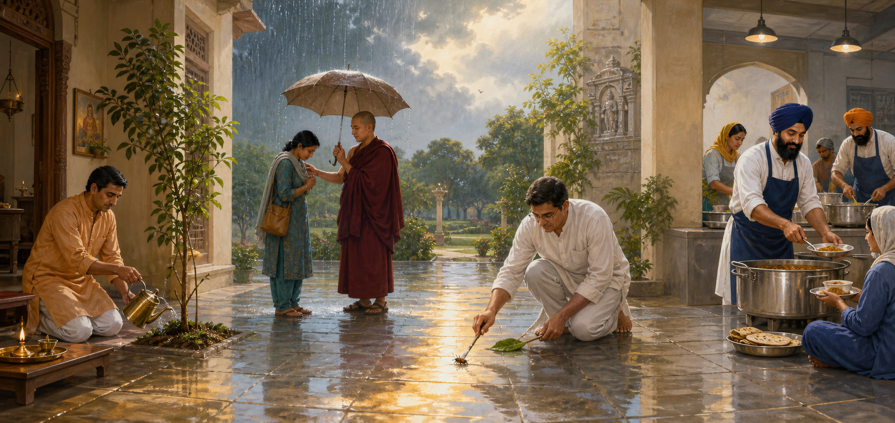Four connected courtyard scenes show a householder tending a lamp and tree, a monastic offering shelter, a person protecting an insect, and volunteers serving a communal meal.
