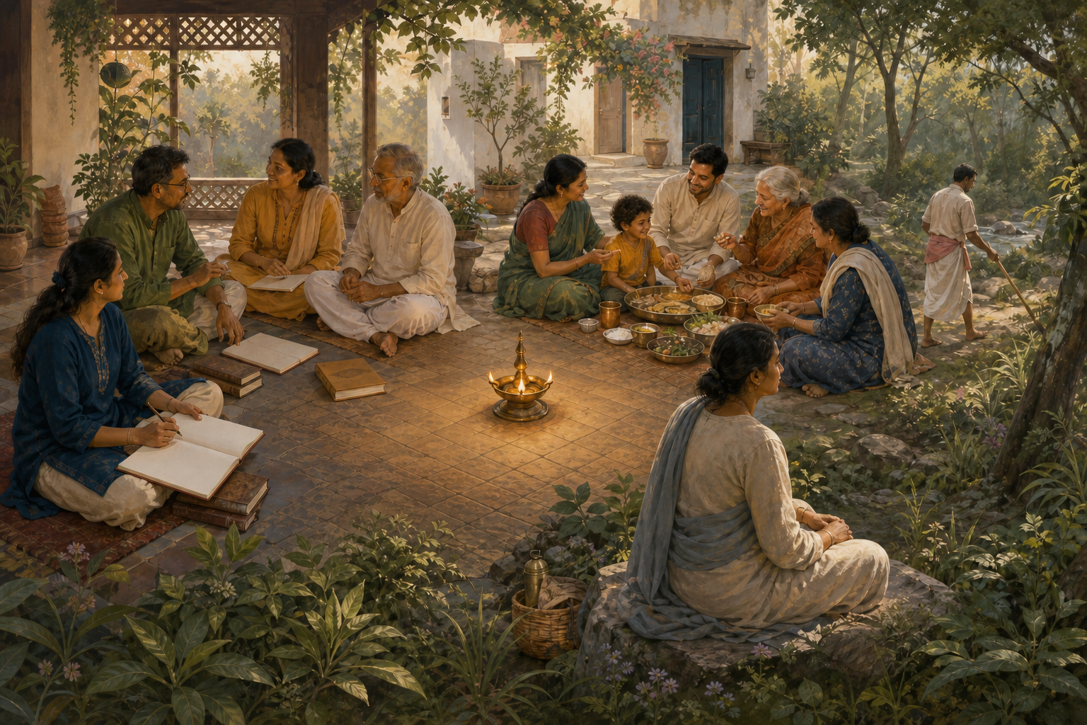 Circular illustration of study, household service, and forest reflection surrounding a central oil lamp, with adults of varied ages in each scene.