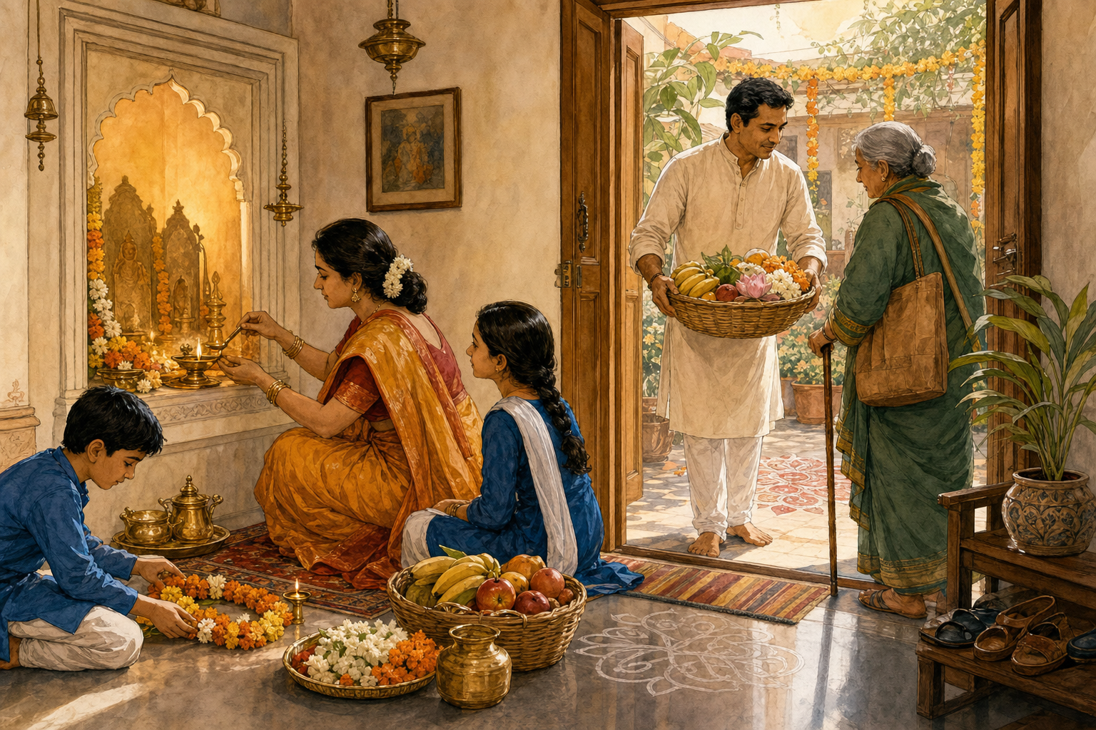 A Hindu family shares festival preparations as a woman lights a diya, a man carries offerings, and two children help near the household shrine.