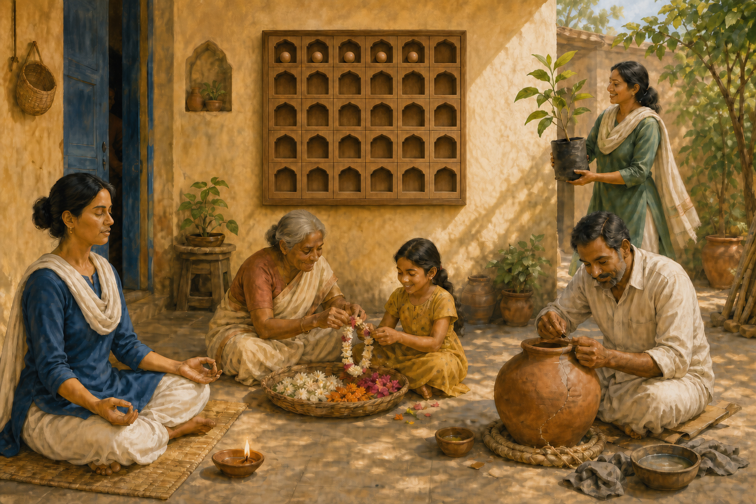 People meditate, make a flower garland, repair a clay vessel, and carry a sapling in a courtyard with an unnumbered thirty-niche practice board.