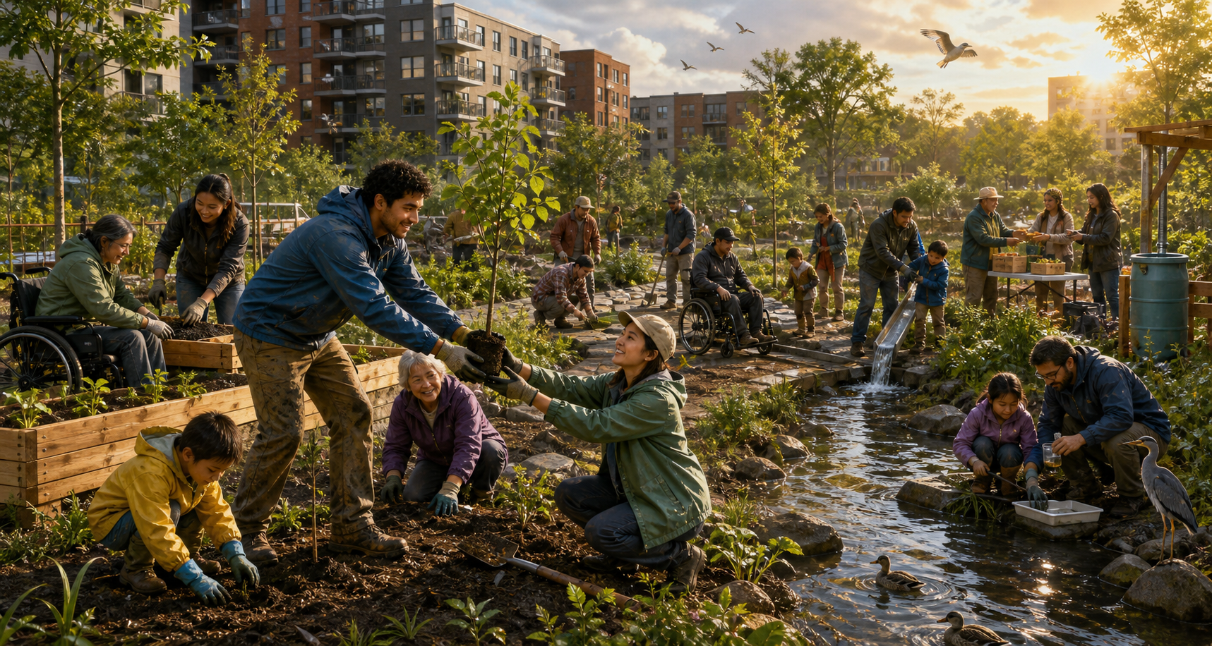 Neighbors restore an urban creek and vacant lot by planting trees, building an accessible garden, repairing a path, and sharing food.