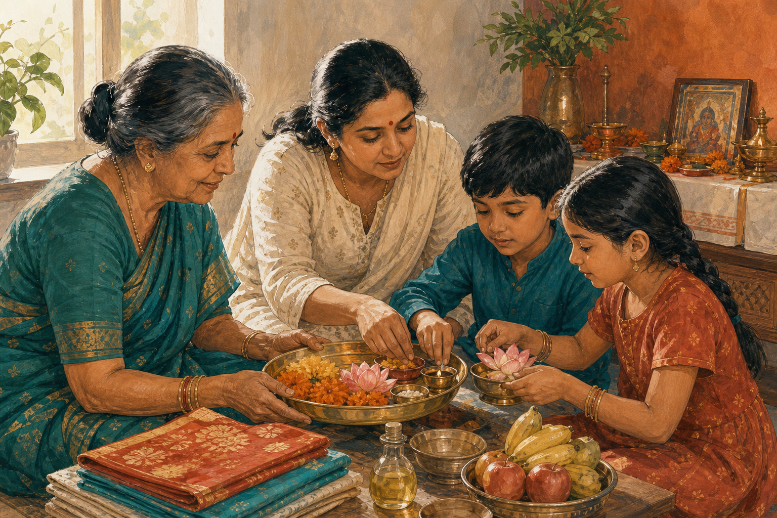Two women teach a boy and a girl to arrange flowers, lamps, and offerings at a household Hindu altar.