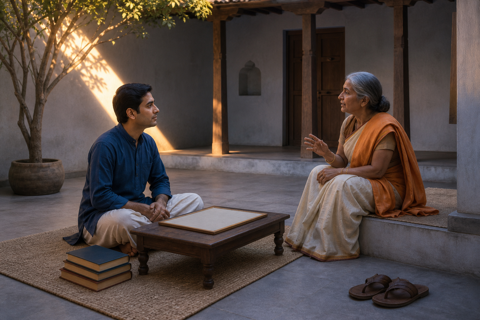 An adult learner listens to a teacher in a quiet courtyard beside a low desk, closed books, and a clay water cup.