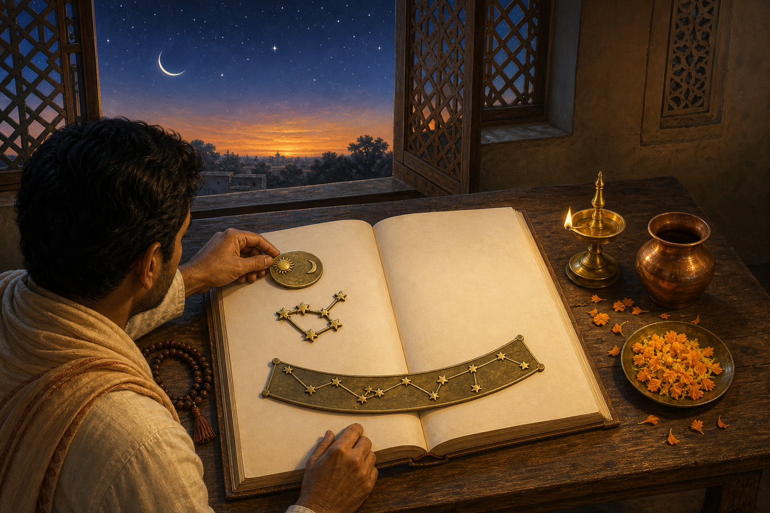 A reader at a low wooden desk arranges brass pieces representing the Sun and Moon, a star group and a constellation band beside a lamp before dawn.
