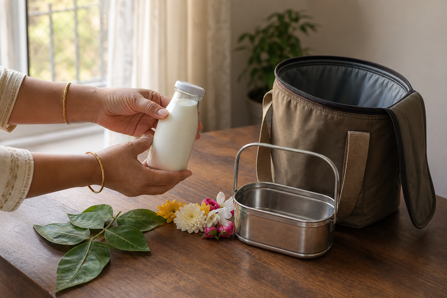 A devotee checks a small sealed milk container beside bilva leaves, flowers, and a reusable carrier before going to a temple.