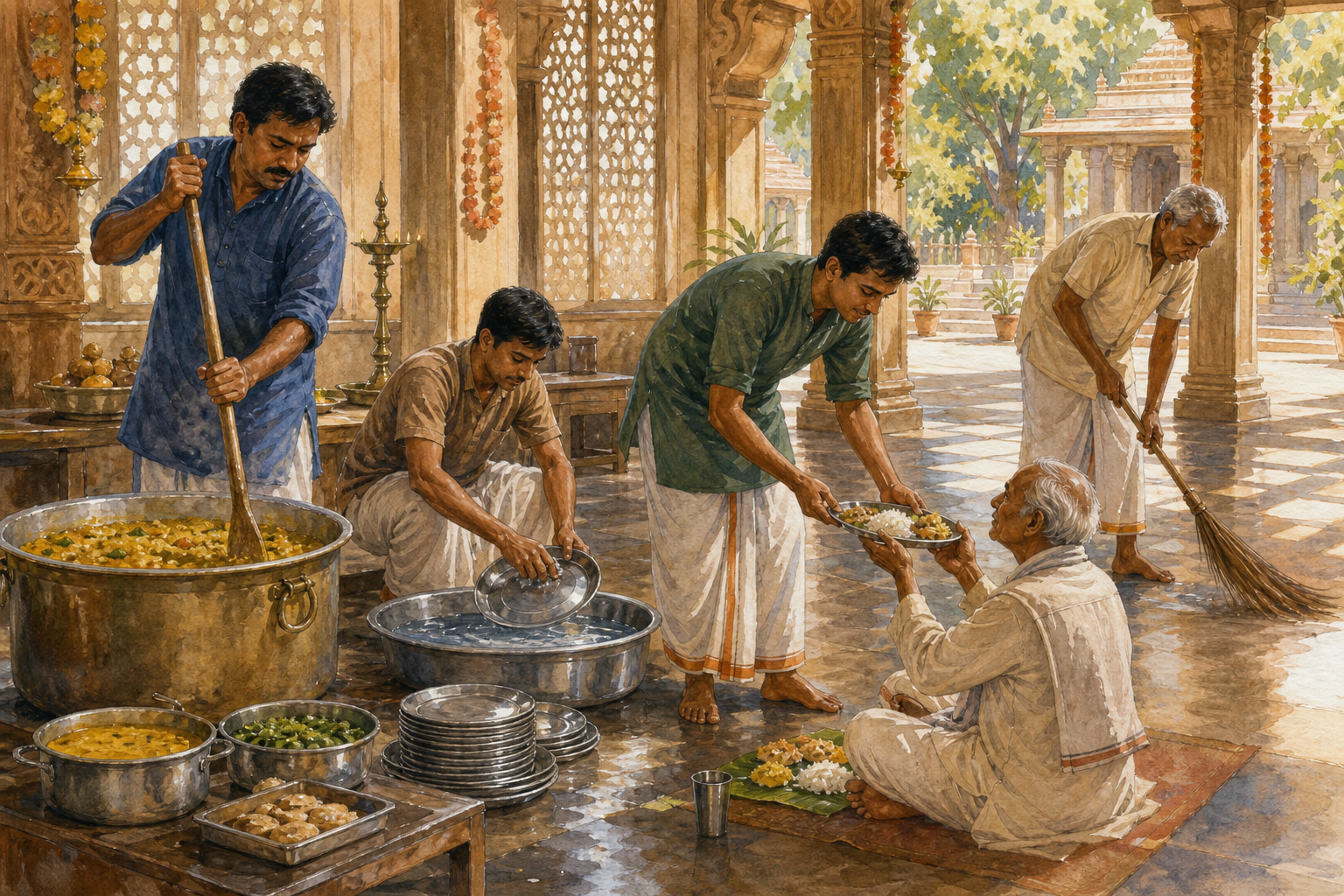 Men of different ages cook, serve food, wash plates, and sweep during volunteer service at a Hindu temple meal.