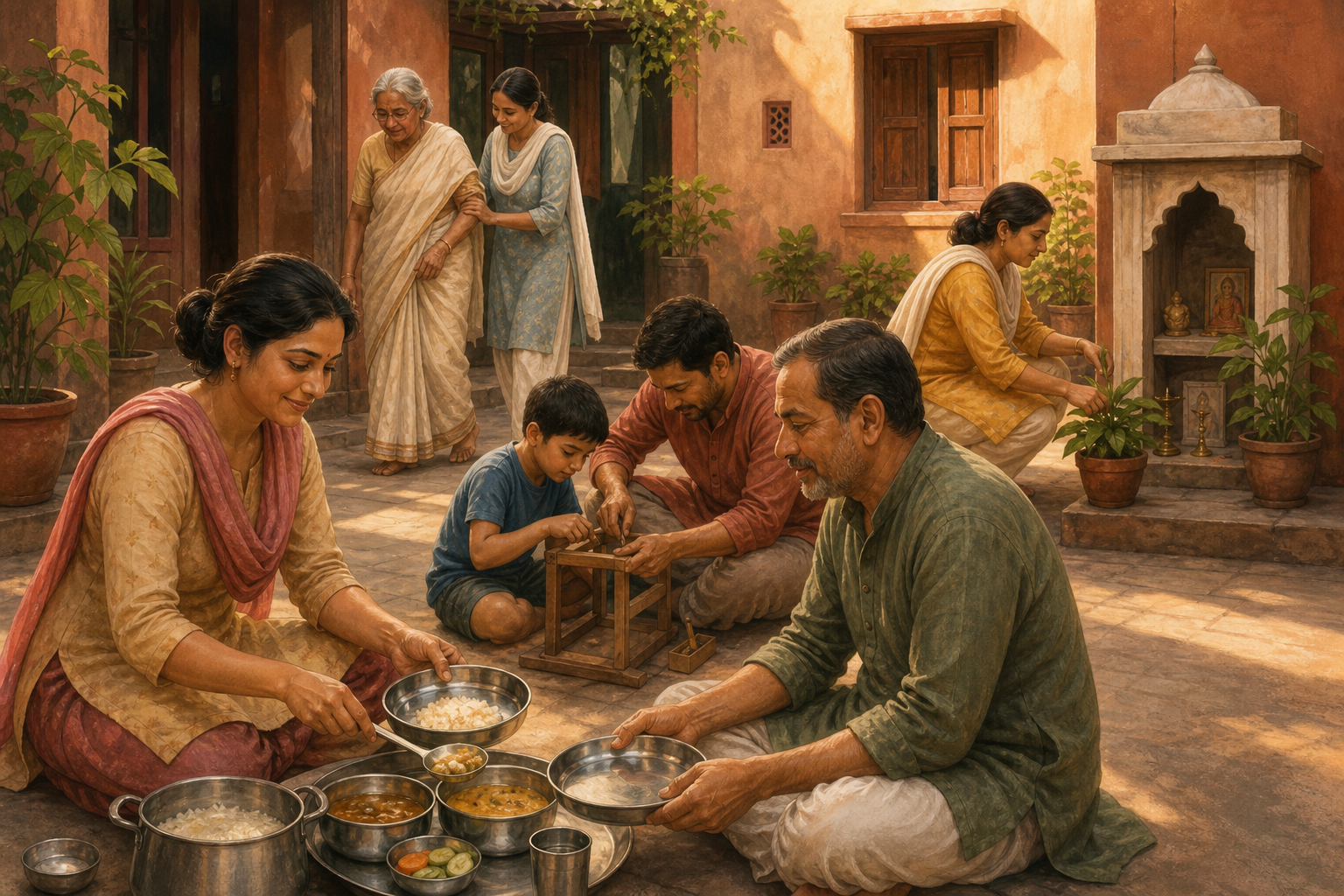 Adults in a home courtyard share a meal, care for a child and an older relative, and tend household tasks together.