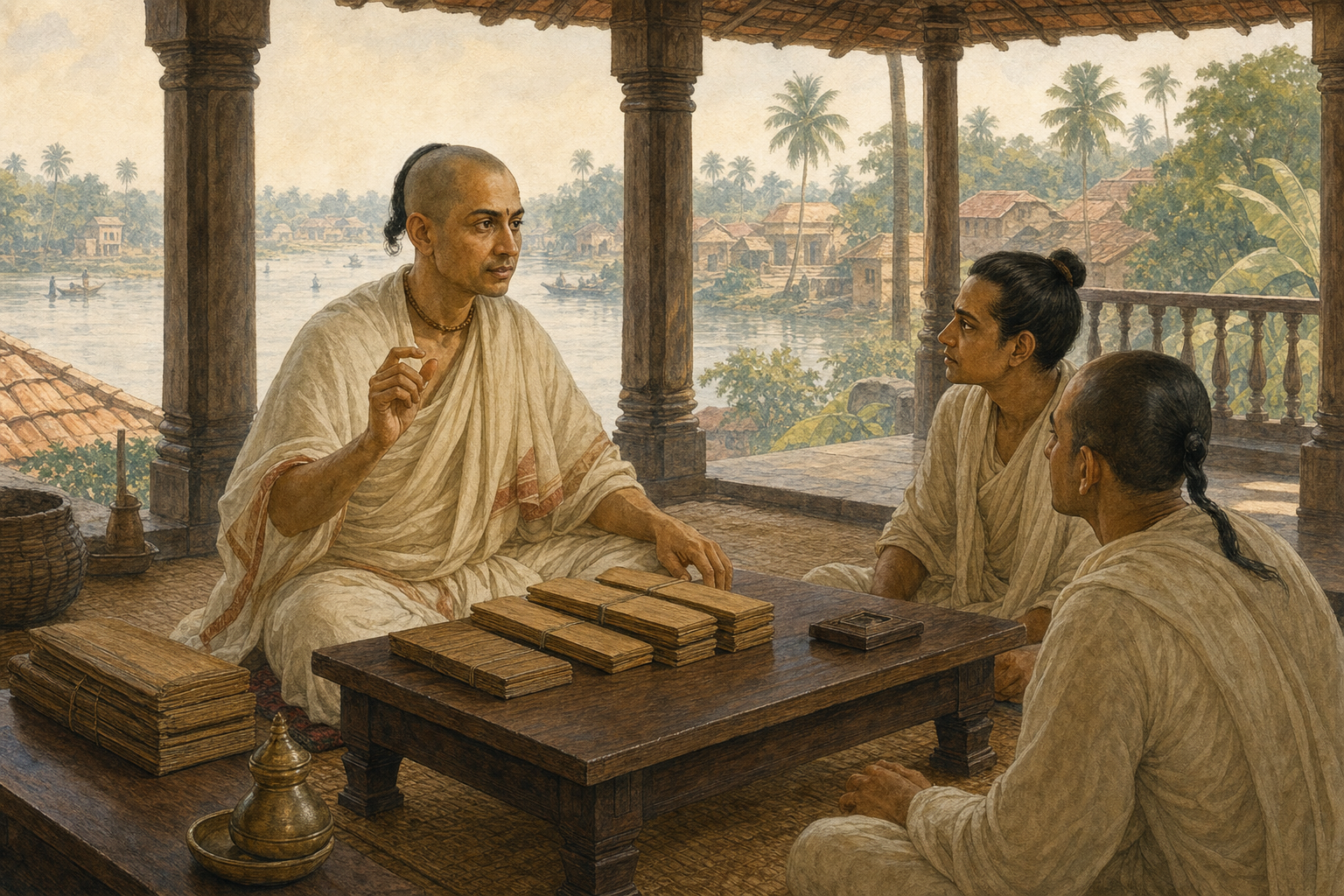 A Sanskrit scholar sits with palm-leaf manuscript bundles in an open riverside teaching pavilion while two other scholars listen.