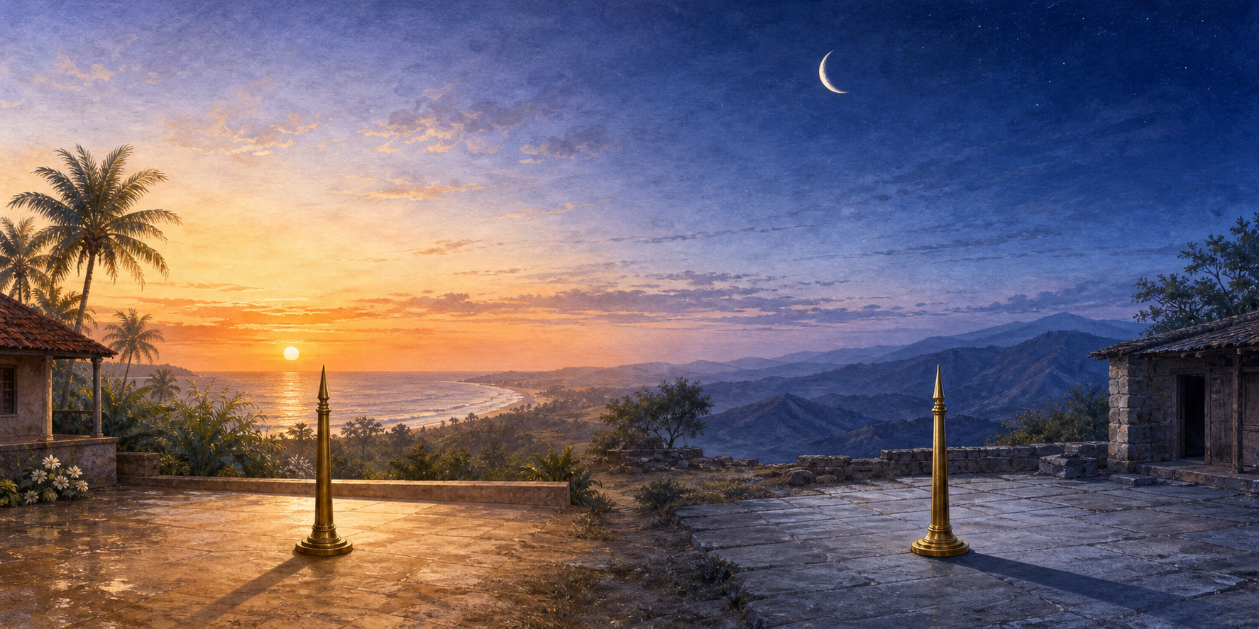 Two Indian courtyards in different landscapes sit beneath one predawn sky, with sunrise light and gnomon shadows differing between the locations.