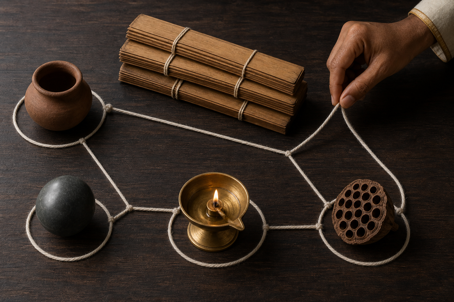 A scholar's hand rearranges cords around clay, stone, brass, and botanical objects beside tied palm-leaf manuscripts on a wooden desk.