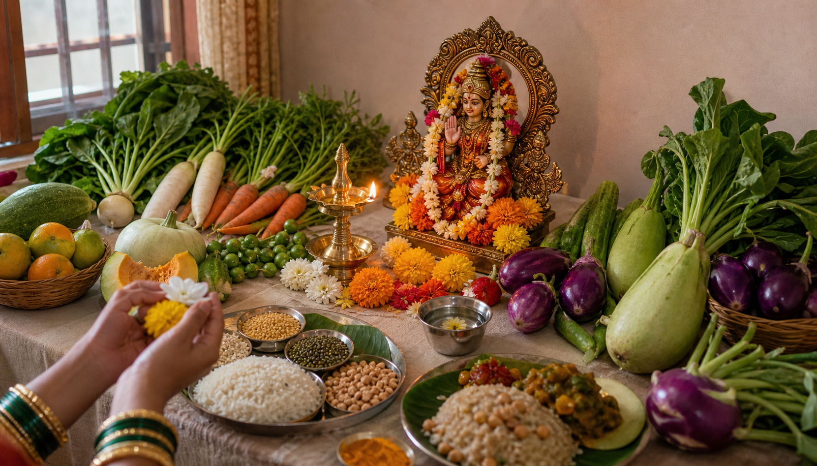 A home Shakambari altar with a Devi murti, oil lamp, flowers, seasonal vegetables, fruits, grains, and a simple cooked offering.