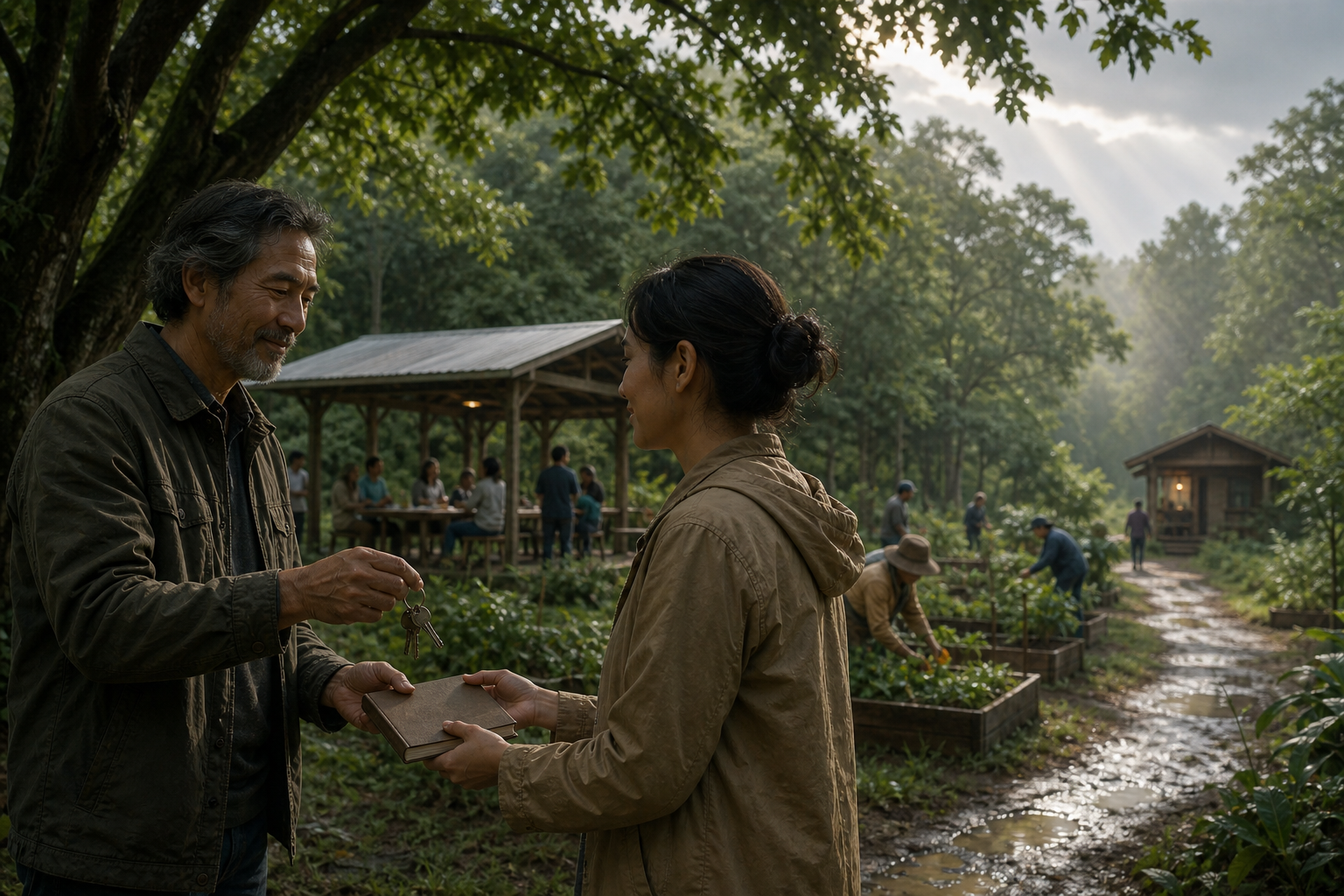 A mature adult hands keys and an unmarked ledger to a younger colleague while a community continues its work beside a forest.