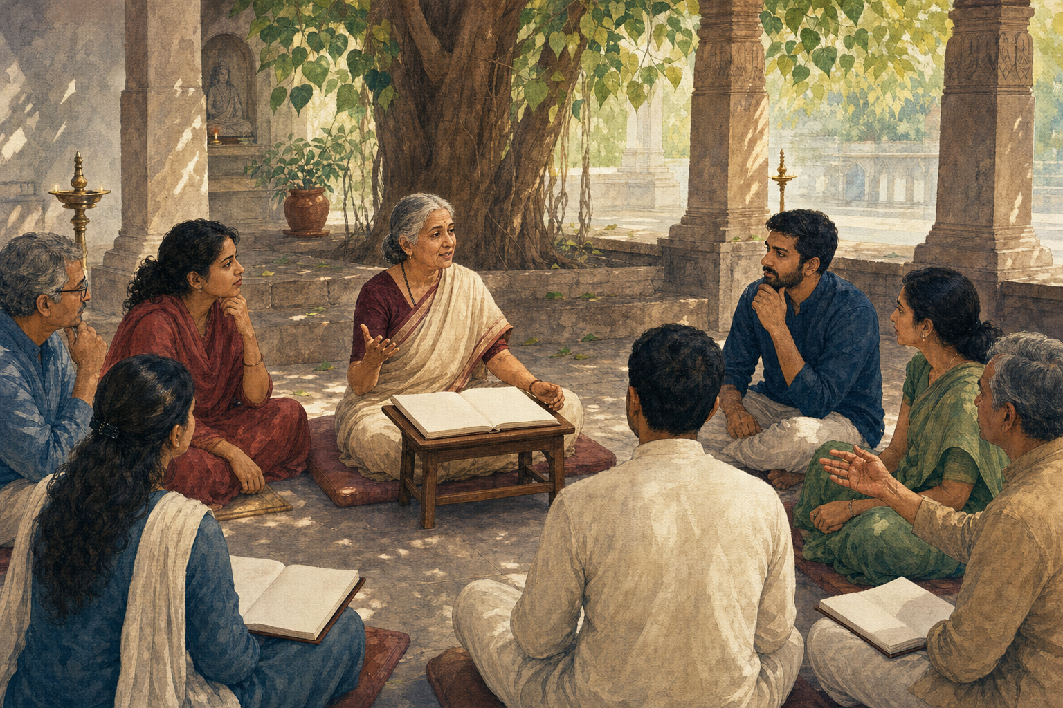 An elderly woman teacher leads a Hindu scriptural discussion with women and men seated around her in a temple courtyard.