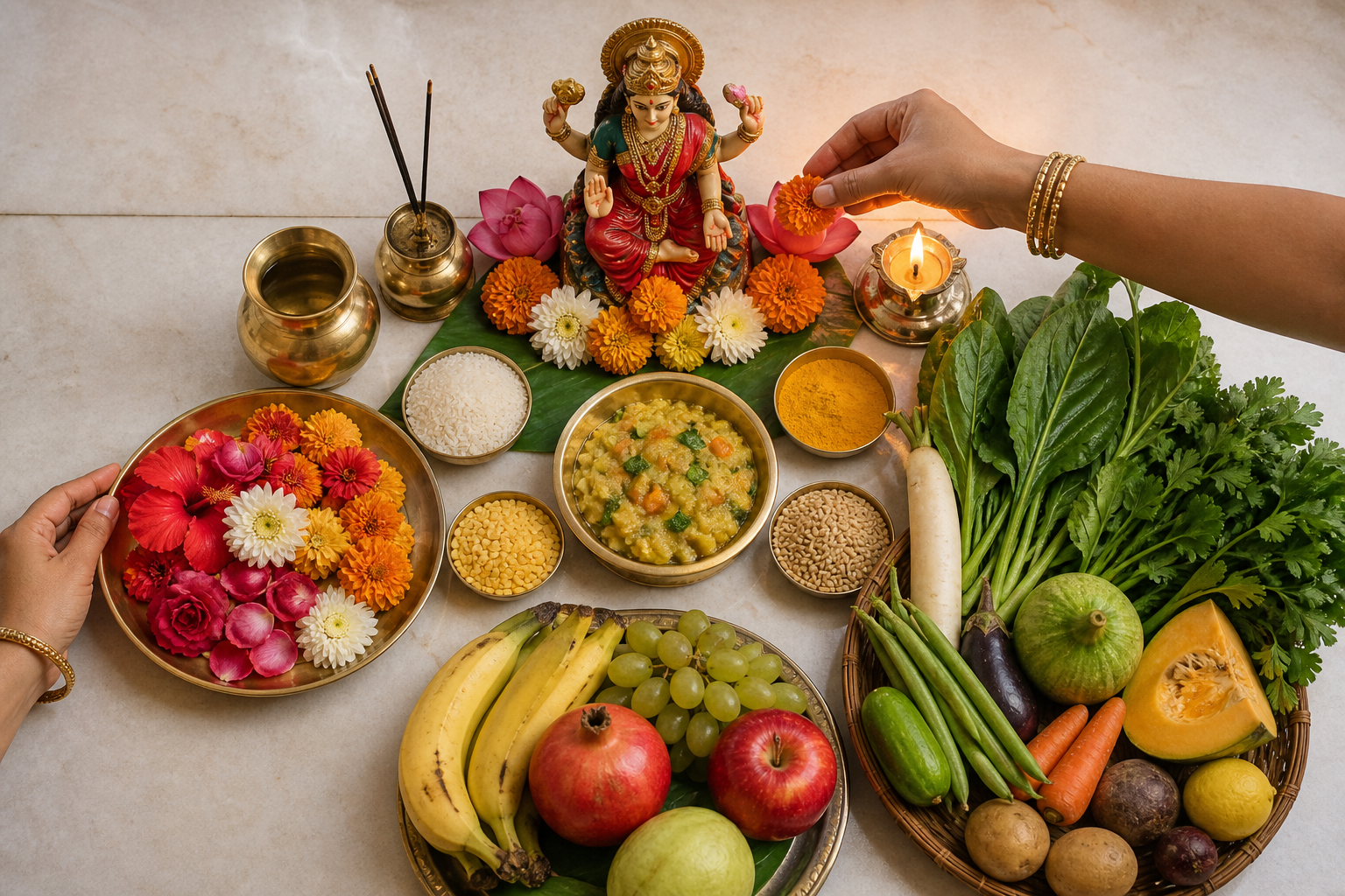 Hands place a flower before a small home Devi altar arranged with a lamp, water, flowers, vegetables, grains, fruit, and cooked food.