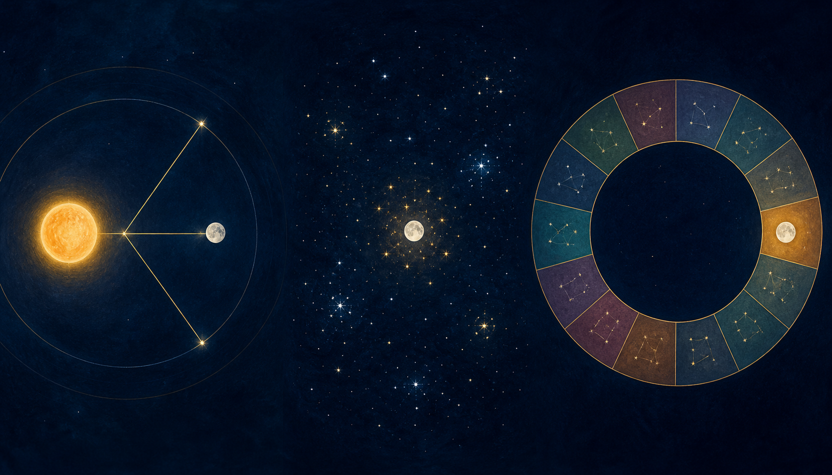 Three celestial panels show the Moon in relation to the Sun, a field of stars and a broad sector of the ecliptic.