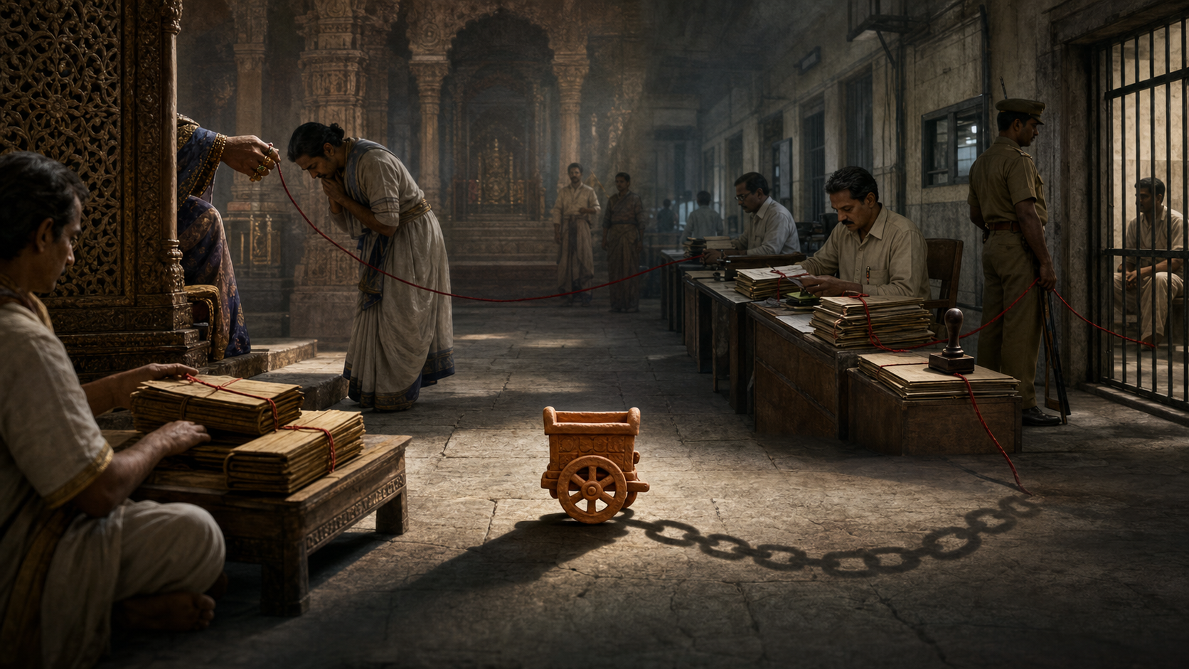 A clay toy cart connects an ancient Indian court to a 1970s government corridor, where a red cord runs from a hidden elite figure through clerks and guards to a barred doorway.
