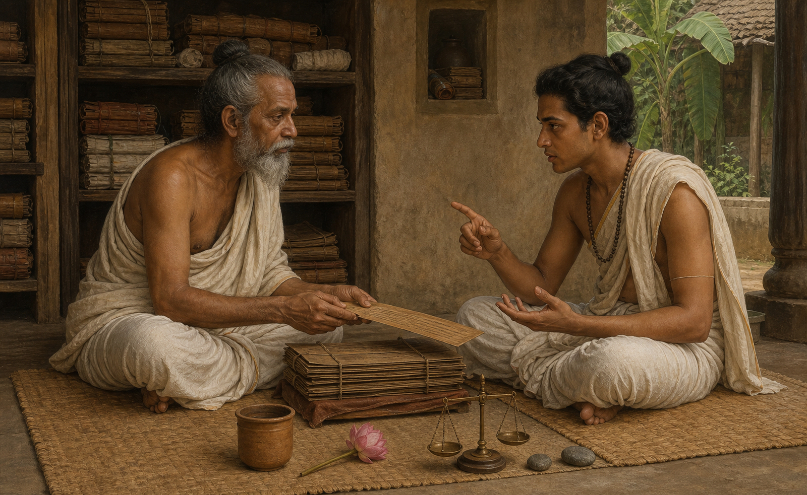 Two scholars discuss a palm-leaf manuscript and a group of everyday objects inside a Bengali teaching house.