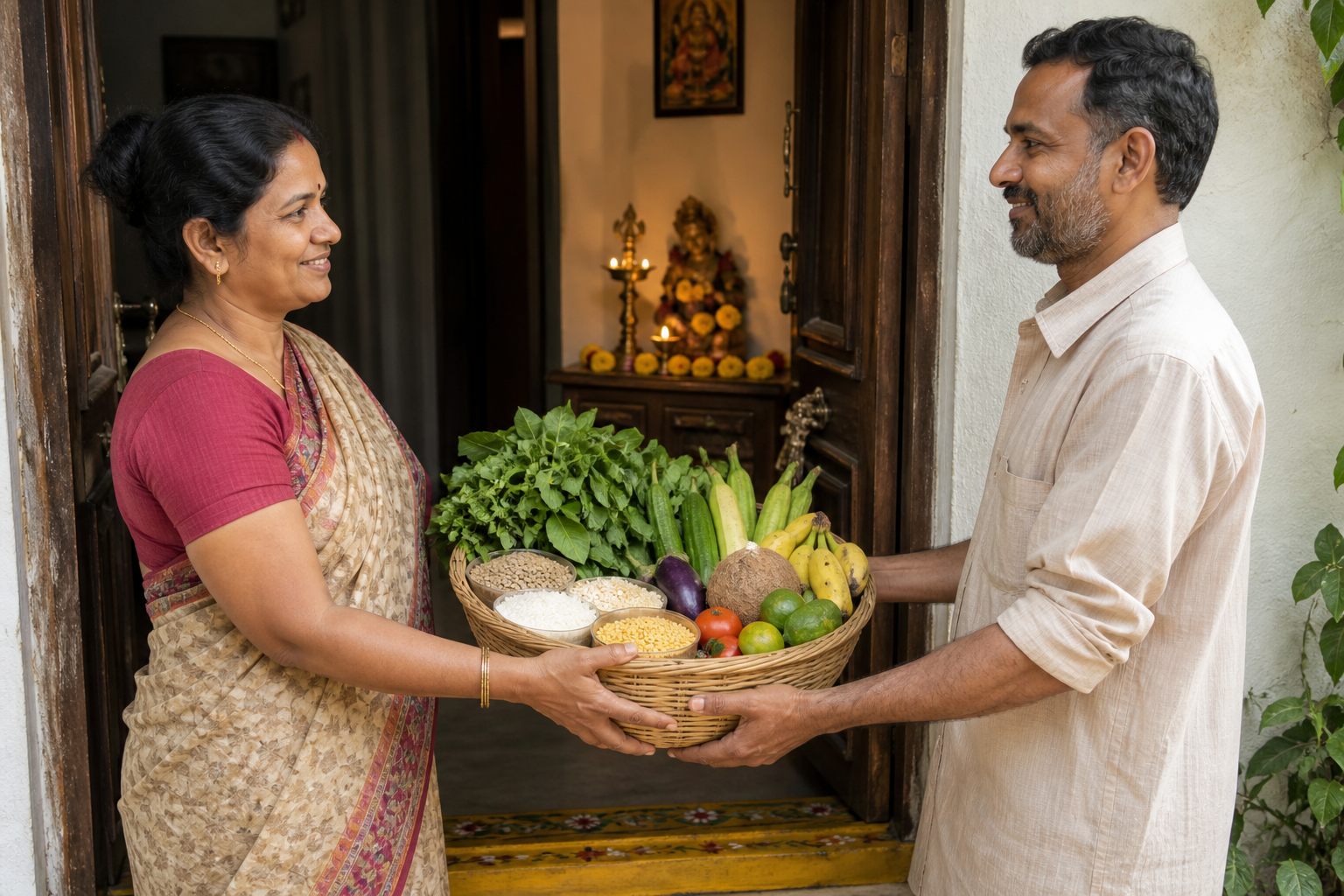 Two adults respectfully exchange a reusable basket of vegetables, fruit, lentils, and grain near a softly lit home altar.