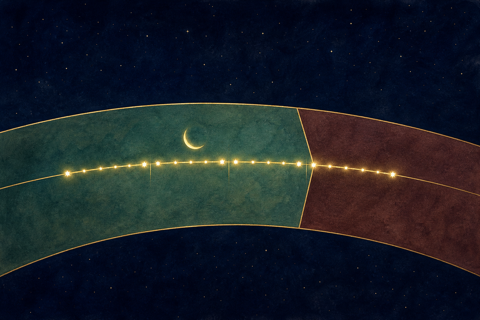 A star span divided into four equal segments crosses the boundary between two larger colored regions of the ecliptic, with the Moon above one segment.