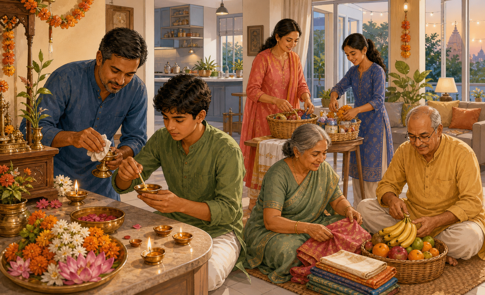 Men and women across three generations share altar care, offering preparation, and community festival tasks in a family home.