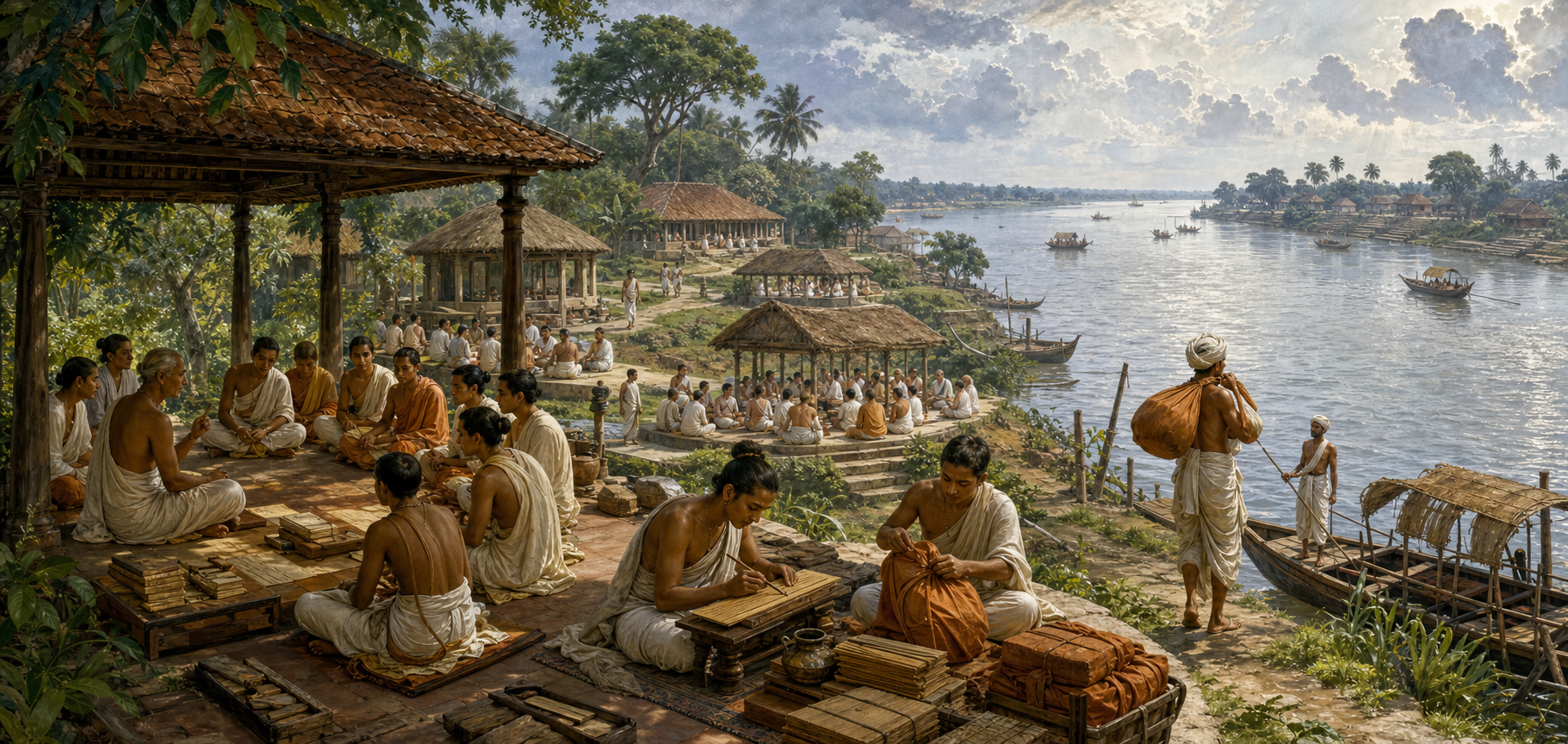 Riverside schools, debating students, manuscript copyists, and ferry travelers form a scholarly community in historic Navadvipa.