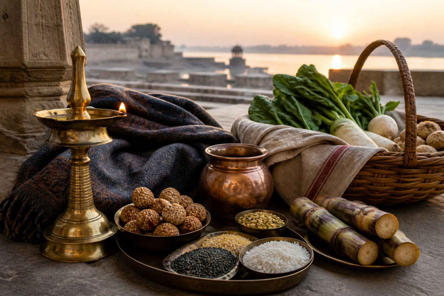 A winter dawn still life with an oil lamp, sesame and jaggery sweets, grains, greens, sugarcane, a copper water vessel, shawl, and food-sharing basket.