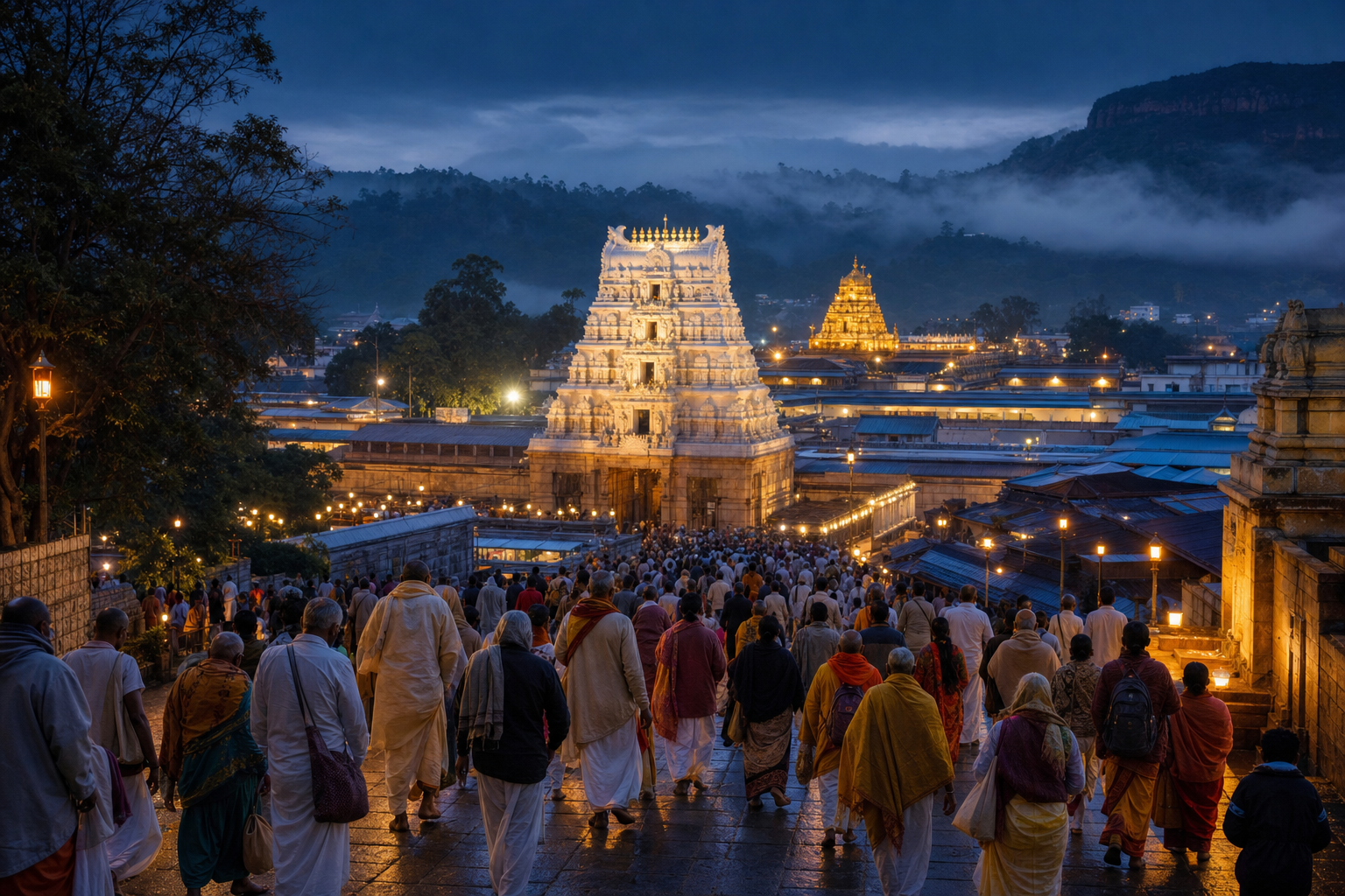 Pilgrims in shawls and traditional clothing approach the illuminated Sri Venkateswara temple complex at Tirumala before sunrise.