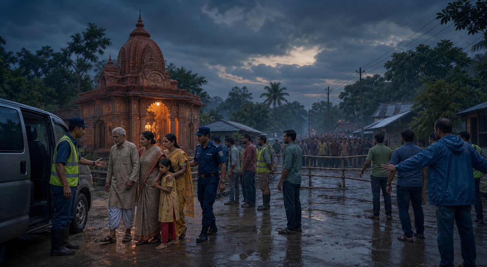 Emergency responders and community volunteers escort a Hindu family to safety beside a protected temple on a village street in Bangladesh.