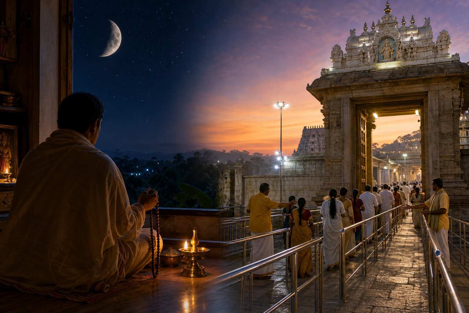 A split scene contrasts a moonlit Ekadashi observance at home with pilgrims entering an orderly temple passage at Tirumala.