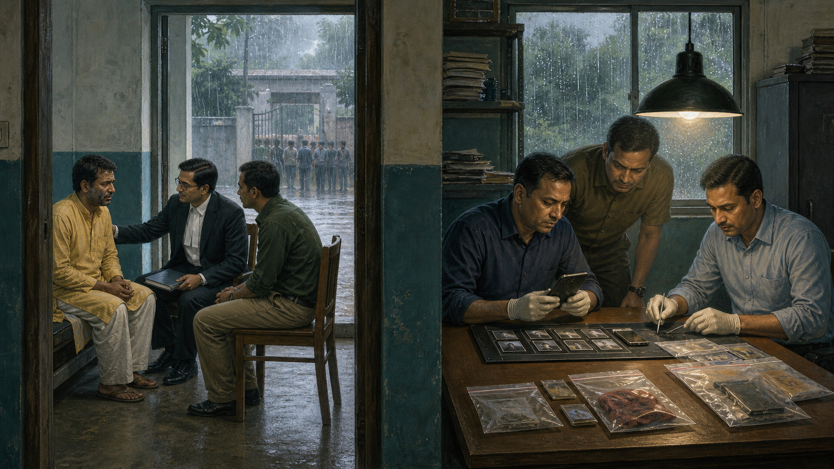 A protected Hindu man waits with an advocate while investigators examine evidence separately inside a police station.