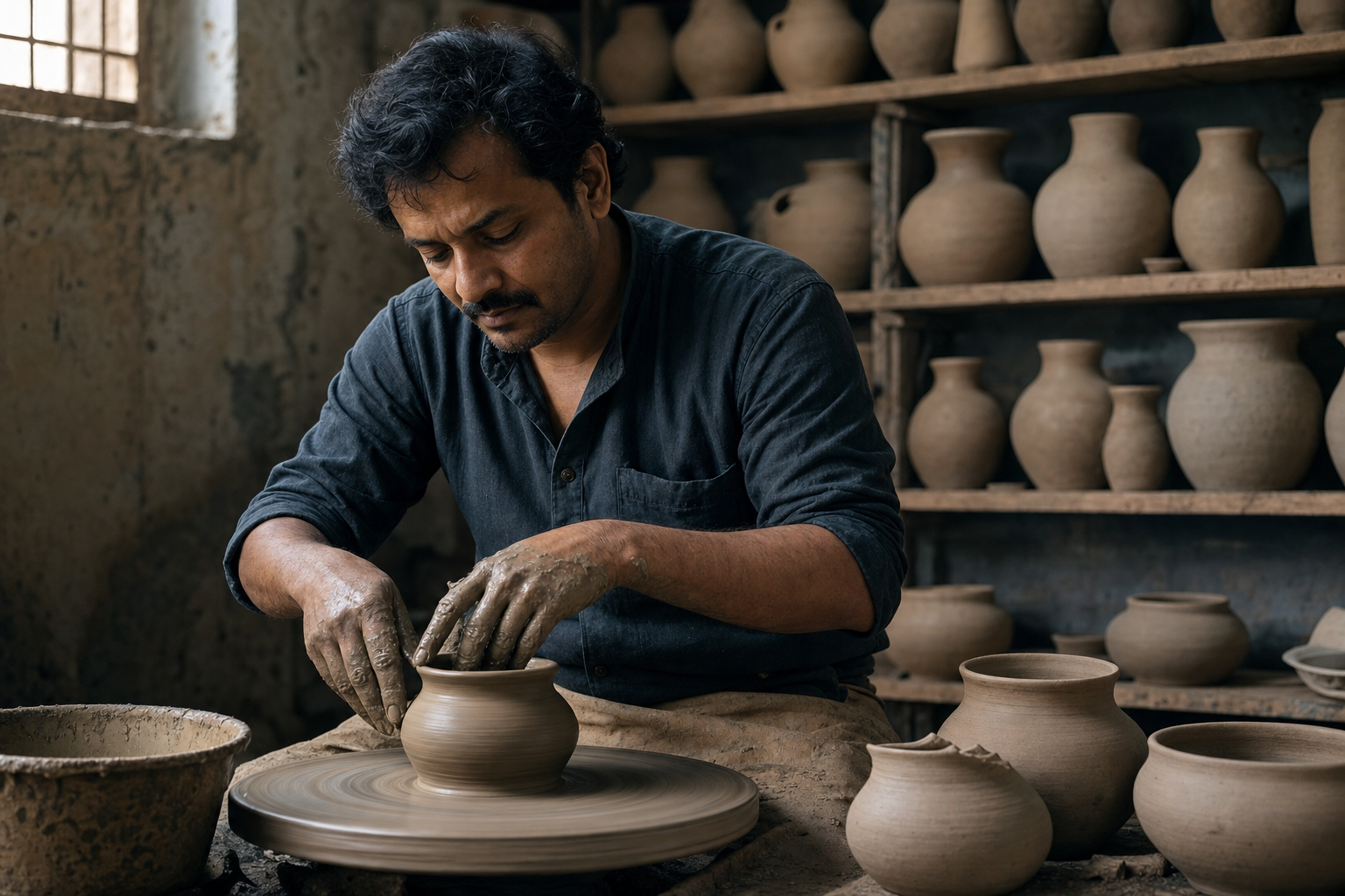 A craftsperson calmly shapes a clay vessel at a wheel, surrounded by finished and unfinished pottery in a softly lit workshop.