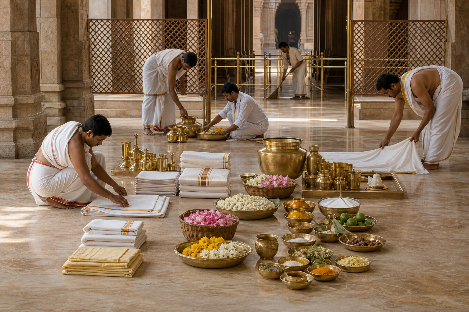 Temple attendants arrange brass vessels, clean cloths, flowers, and purification materials in a stone antechamber while a nearby passage remains closed.