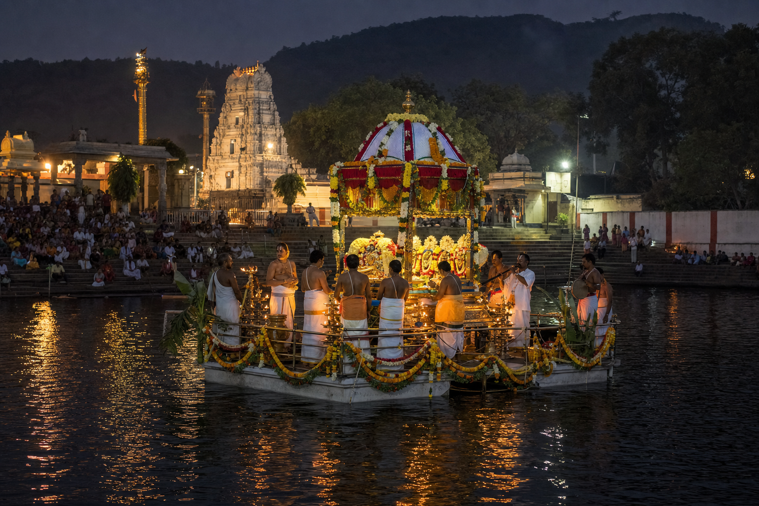 A flower-decorated ceremonial float carrying festival deities crosses the illuminated pushkarini as priests and devotees gather at Kapileswara Swamy Temple in Tirupati.