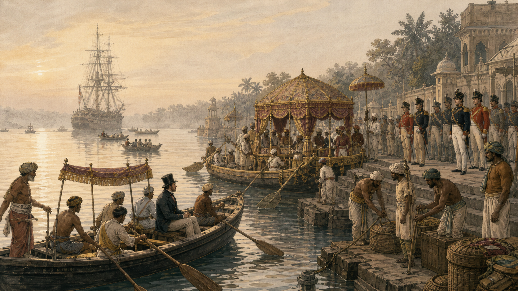 A sailing ship, reception boats and a ceremonial barge approach a guarded Indian river landing as officers, attendants, pilots and dockworkers organize an aristocratic visitor's arrival.