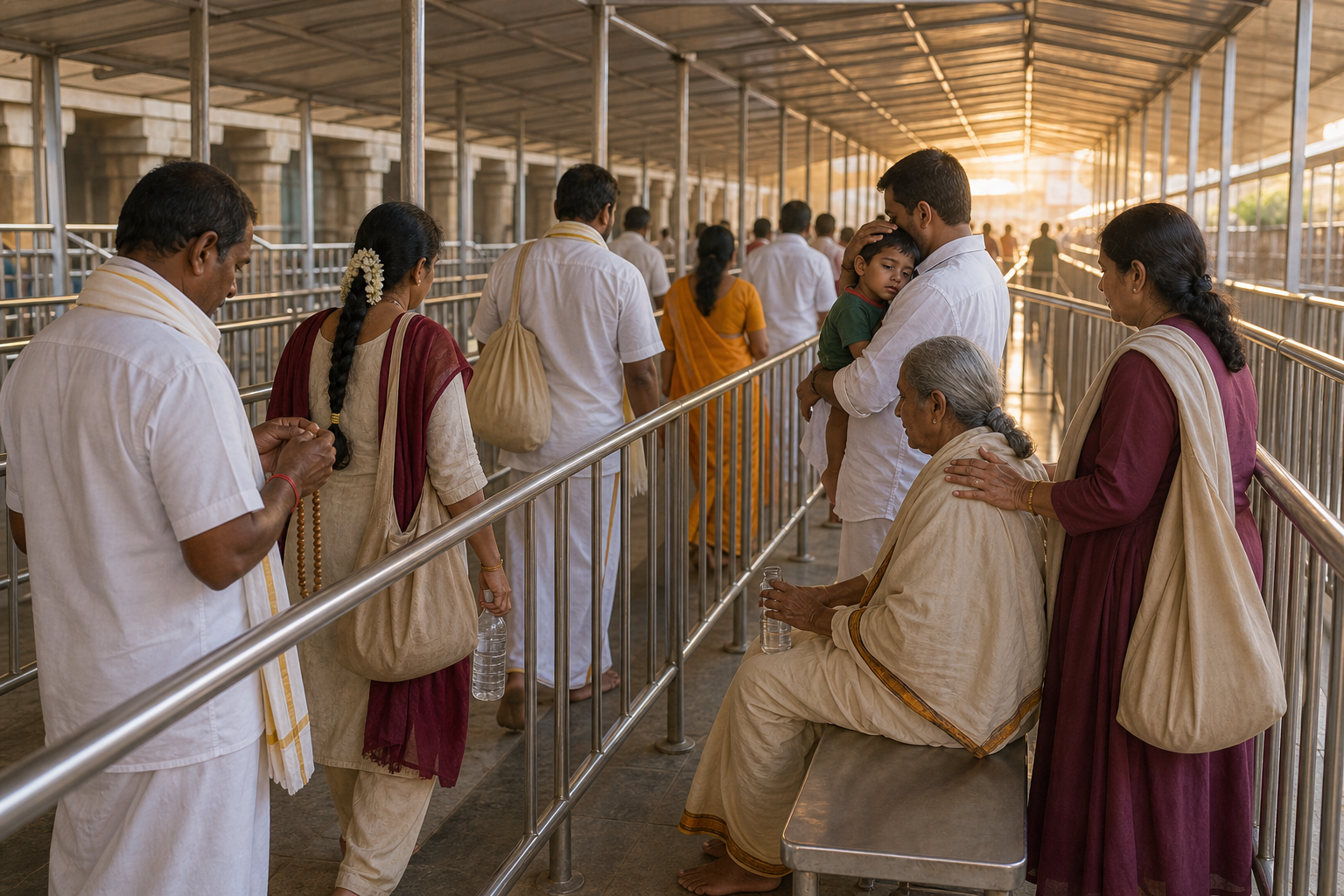 Pilgrims pray, rest, drink water, and help one another while waiting in the covered queue complex at Tirumala.
