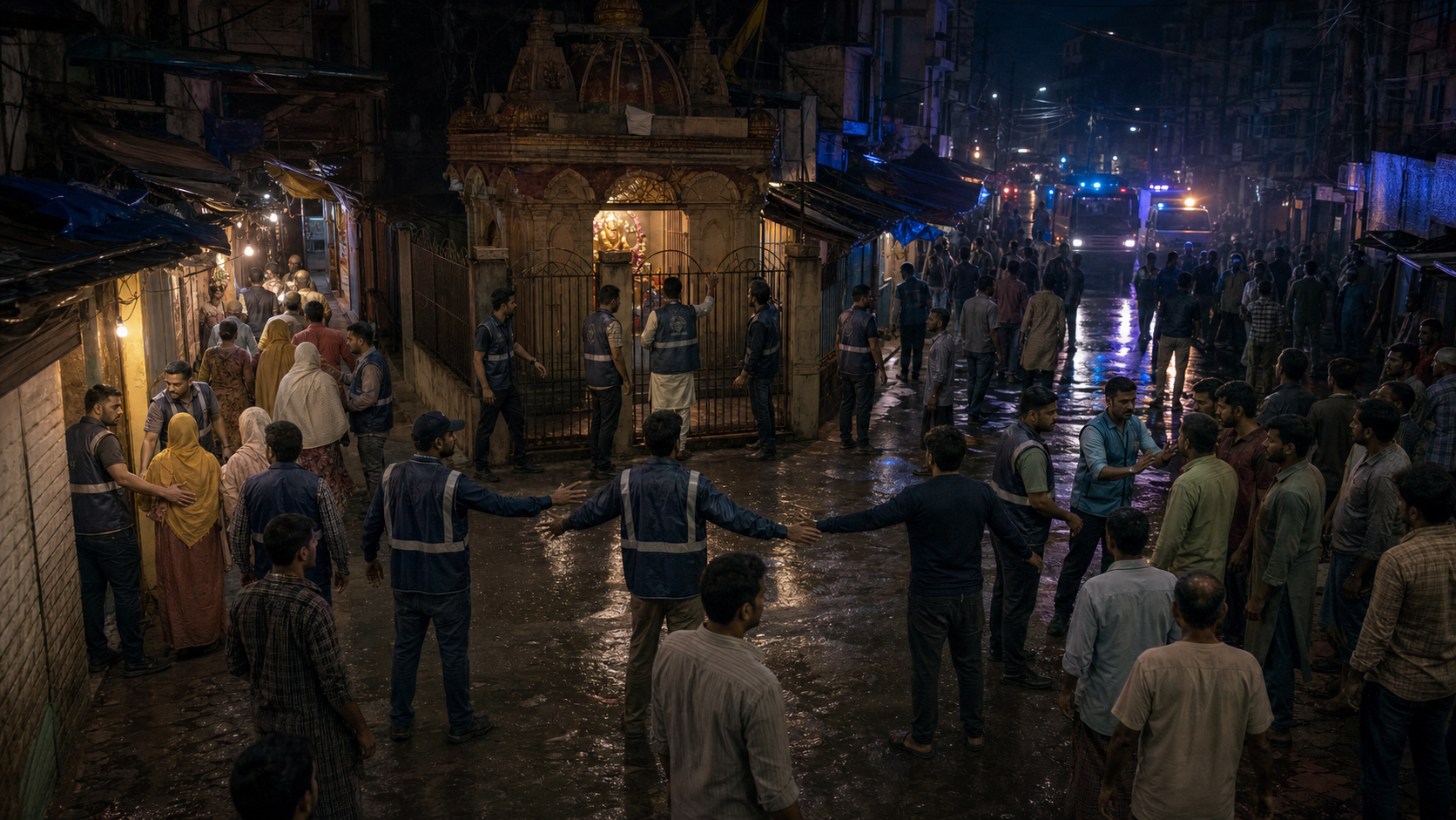 Responders create a safety buffer, redirect residents, and secure a Hindu shrine as a crowd gathers on a market street.