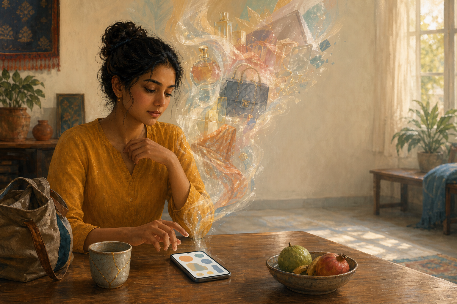 A person pauses with a hand above a smartphone as imagined luxury products dissolve into the air beside well-used household objects.