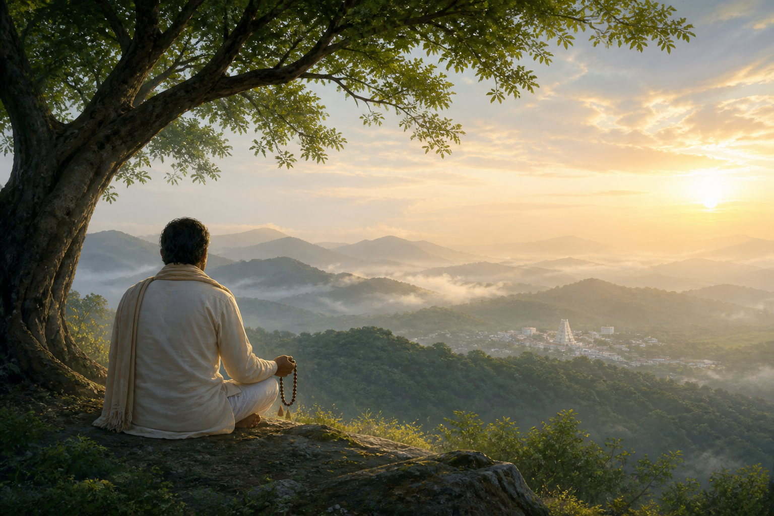 A pilgrim holding prayer beads sits on a quiet Tirumala hillside at sunrise and looks across the misty forested hills.