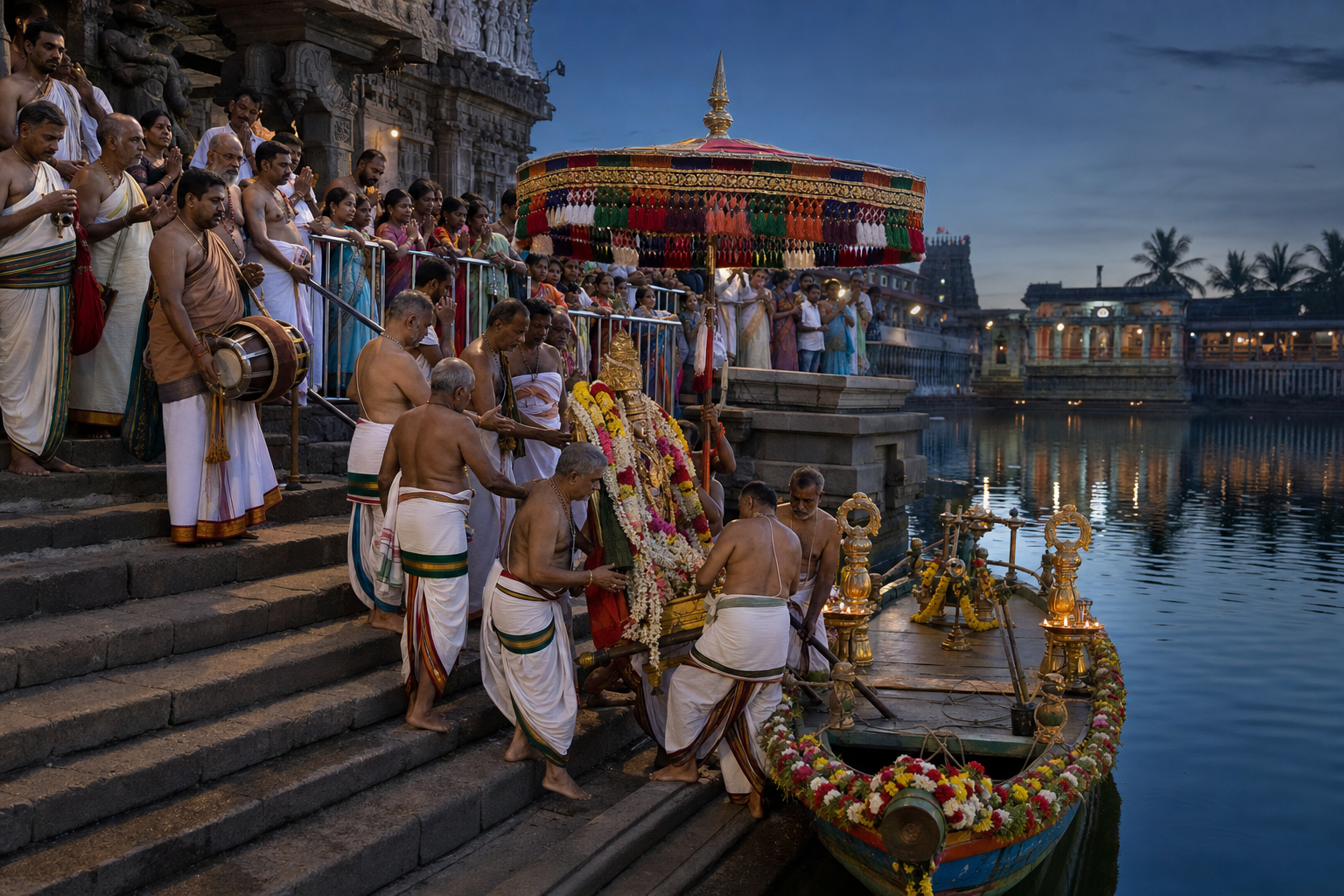 Priests guide garlanded festival deities toward a waiting ceremonial float at the stone steps of a temple pushkarini.