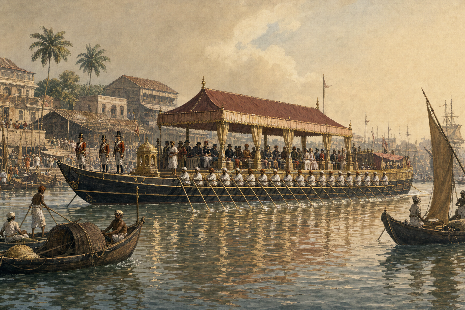 A large canopied ceremonial barge with officials, guards and rows of Indian oarsmen moves past smaller boats on the Hooghly River.