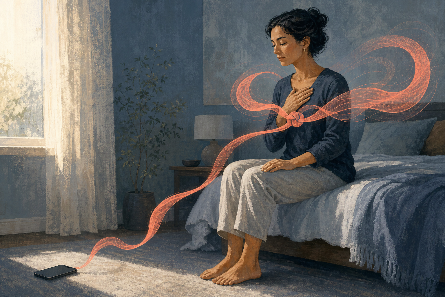 A seated person observes a curling ribbon-like form between a face-down phone and their chest while breathing calmly.