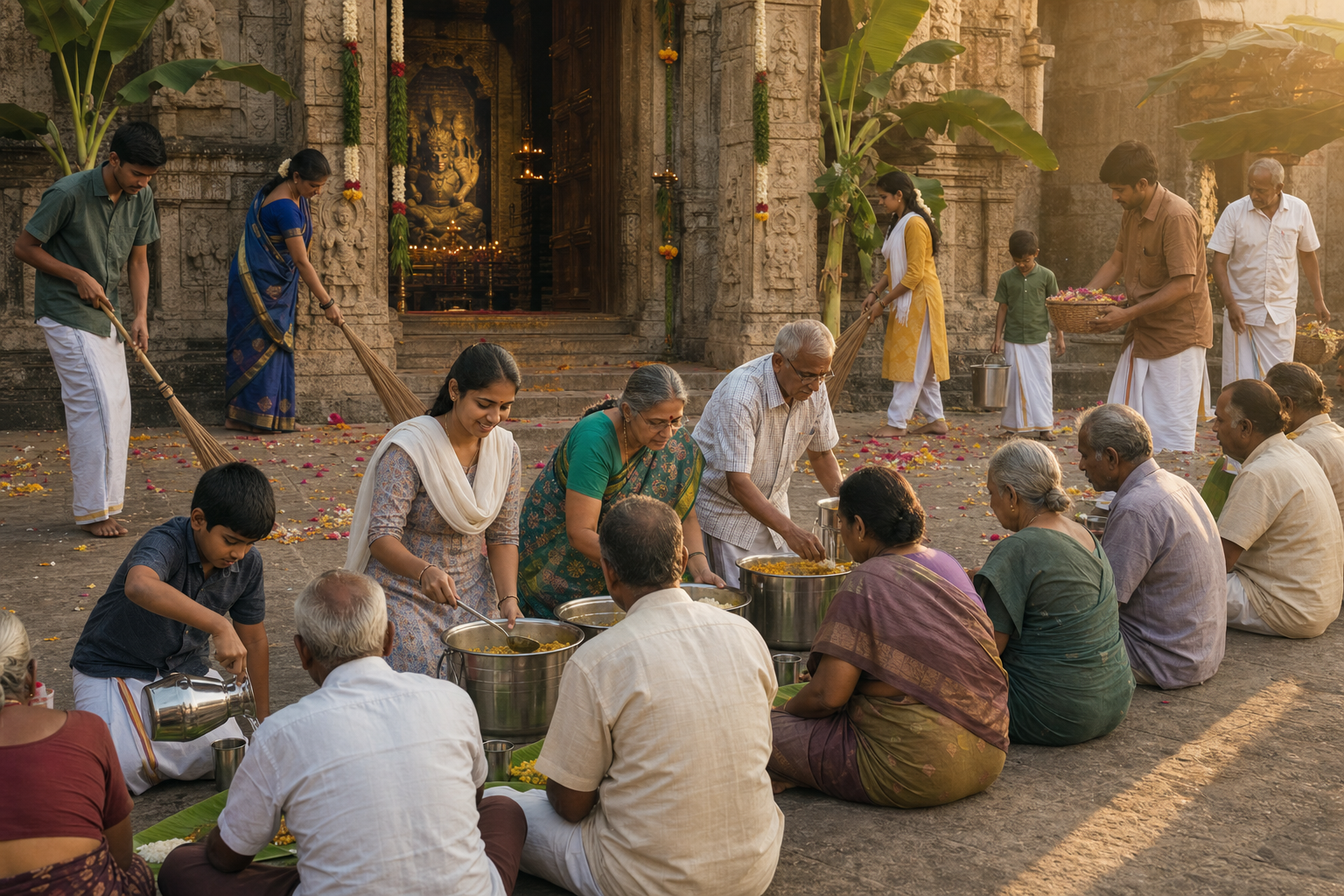 Volunteers serve a vegetarian meal, offer water and clean the courtyard outside a South Indian Shiva temple.
